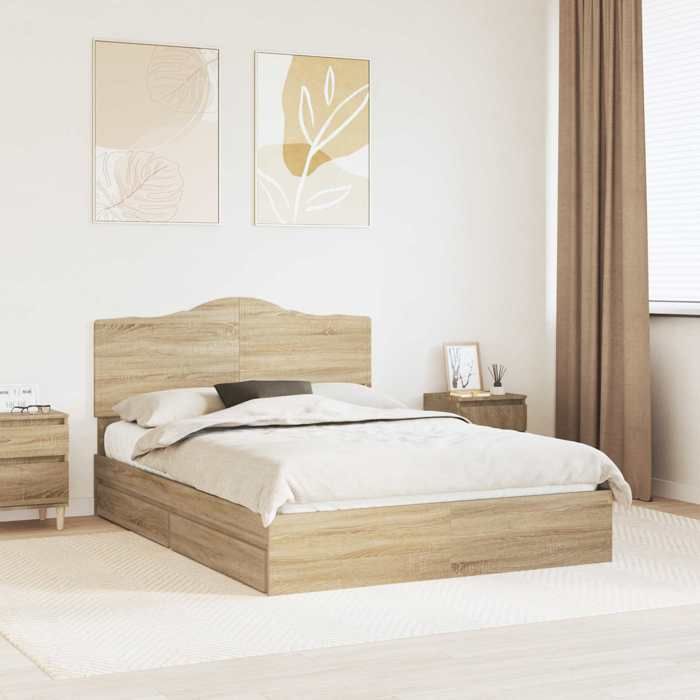 Lit de rangement - UU - Chêne sonoma - Bois dingénierie - 140x190 cm - Tiroirs intégrés - Durable - Facile à nettoyer