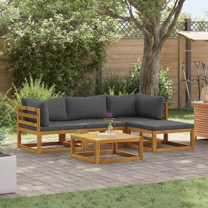 Ensemble table et chaises de jardin 5 pièces style naturel bois dacacia marron avec coussins modulable terrasse patio jardin