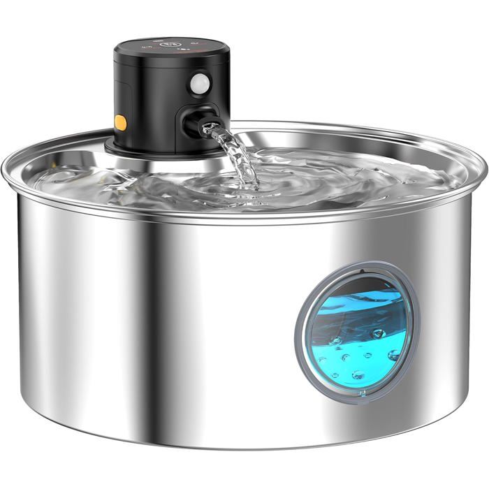 Fontaine chat sans fil 32 L INOX détecteur mouvement pile rechargeable 4000 mAh. Label
