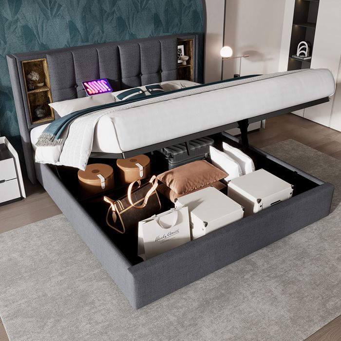 Lit coffre rembourré 160x200 cm - avec prises USB et chargement sans fil et tête de rangement - tissu en coton - gris