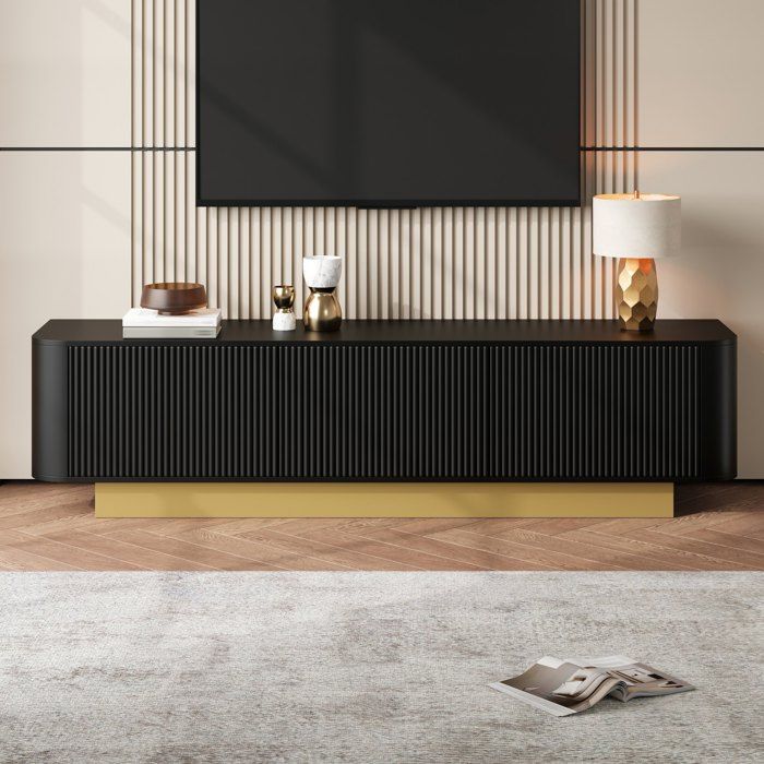 Meuble TV moderne 170x405x47 avec rangement–Design arrondi gestion des câblesfaçade texturée–Console multimédia pour salonnoir
