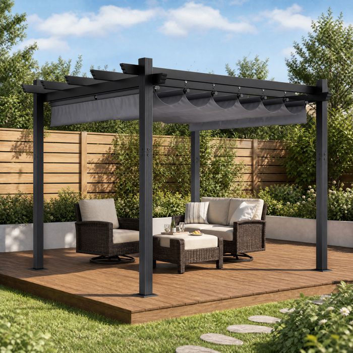 Pergola Jardin 3x3m Toit Ouvrant Réglable à Fermeture Magnétique Structure Aluminium Stable avec Fixations Vis dExpansionGris