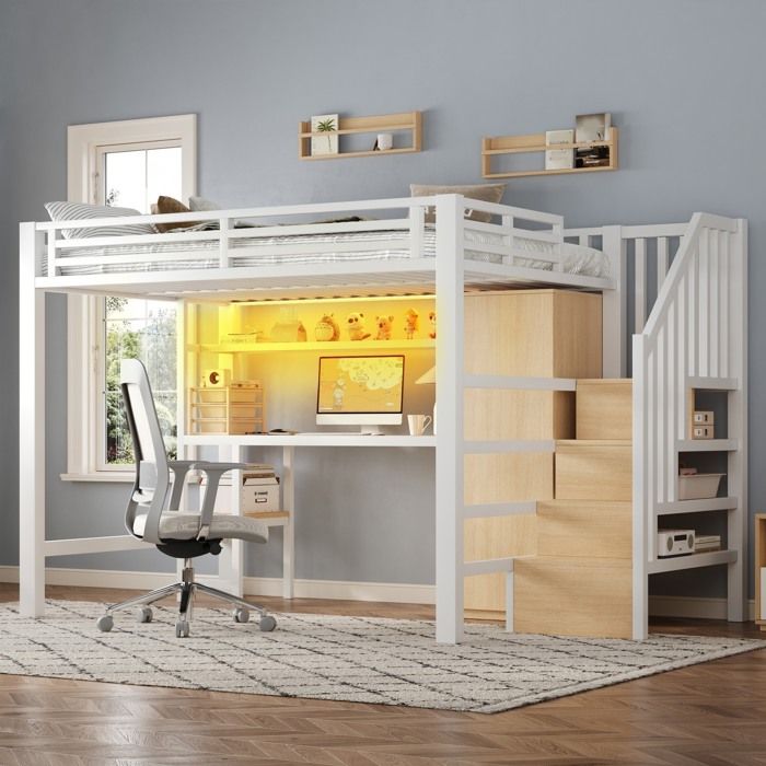 Lit mezzanine 140x200 cm métal blanc lit double lit adulte avec LED bureau étagère penderie et escalier de rangement