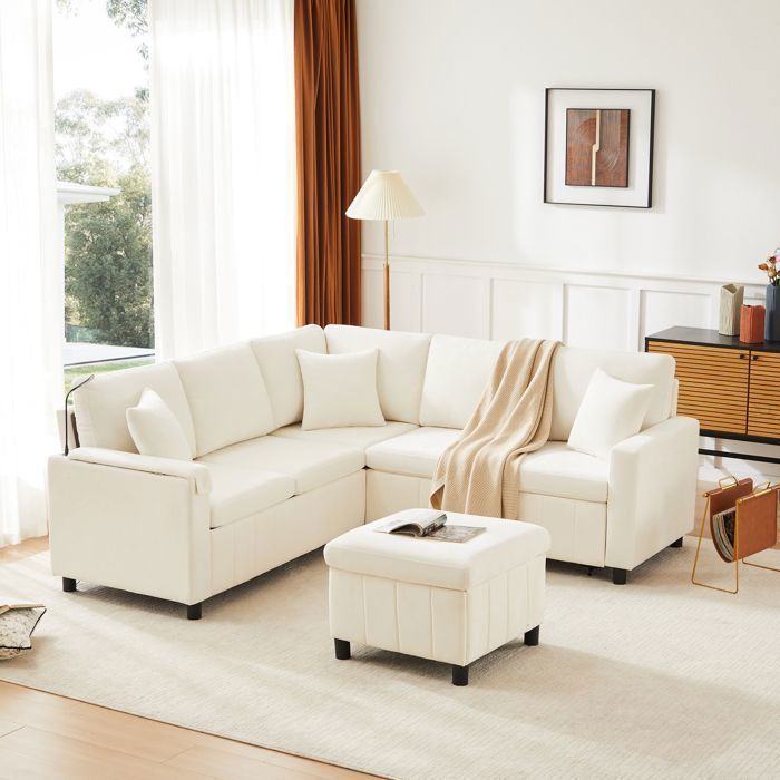 Canapé dangle convertible 4 places en chenille beige avec 1 ottoman rangement port USB port Type-C