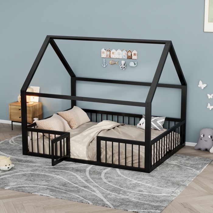 Luscriate - Lit cabane enfant 140x200 cm Lit métal avec barrière design cabane structure en acier sans matelas - Noir