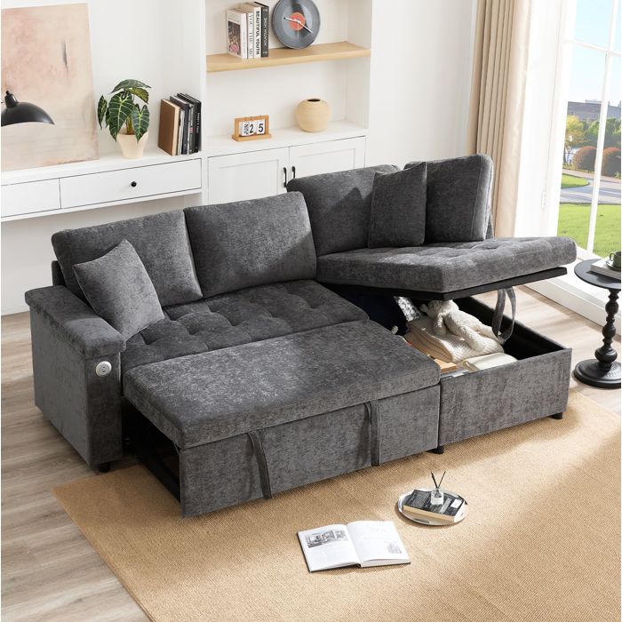 Canapé d’angle droit convertible 3-4 places gris foncé L 209 x P 130 x H 84 cm USB et rangement