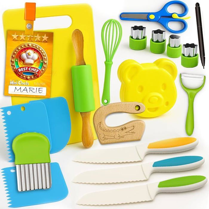 Kit Cuisine avec 3 Couteau Cuisine | 20 Ustensiles de Cuisine s Sécurisés | 1 Badge avec Le nom
