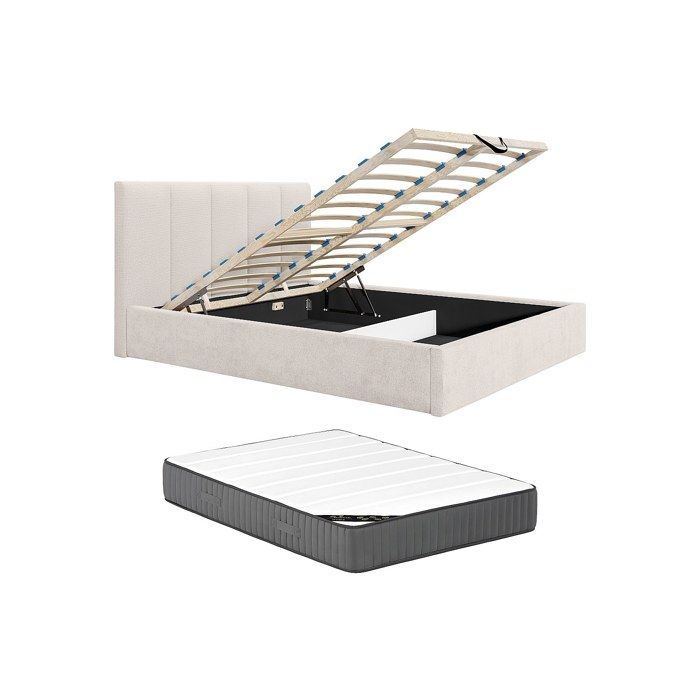 Lit coffre 140 x 190 cm avec tête de lit coutures verticales - Tissu - Beige - Avec matelas Premium - KILACLO