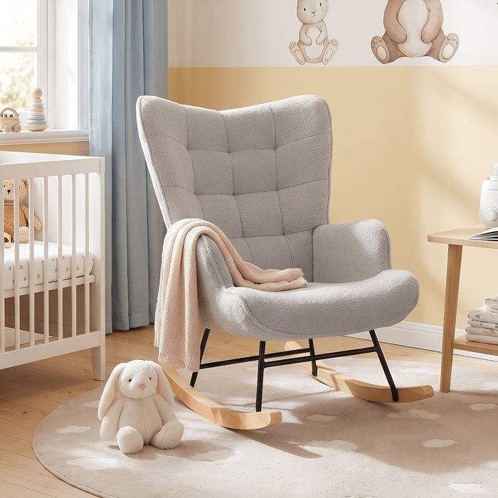 Fauteuil Rocking Chair Relax en Tissu Bouclé Gris - Dossier Ergonomique À Carreaux - Pieds en Bois de Hêtre - Style Scandinave