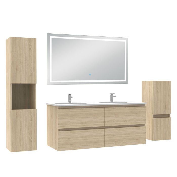 AICA Meuble de salle de bain 120 cm chêne mat avec vasque 2 colonnes + miroir LED 6000K dimmable - fonction mémoire