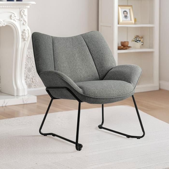 Fauteuil de salon - Lounge ergonomique - Gris - Accoudoirs & coussin - Pieds métal support 160 kg