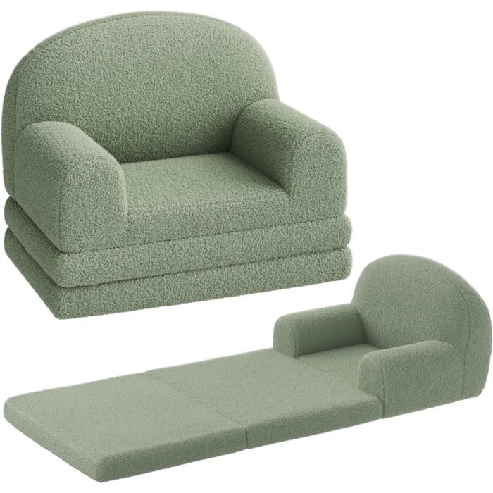 Canapé Convertible 2 En 1 Pour Enfants : Fauteuil Et Lit Pliant En Mousse. Tissu Sherpa Doux-VERT