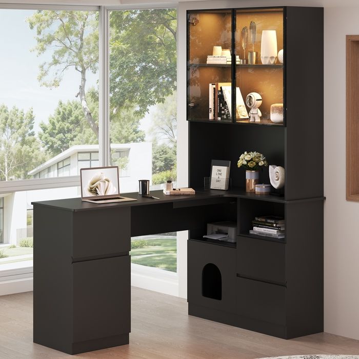 Bureau dangle avec étagères et vitrine à LED système de gestion des câbles 3 tiroirs 2 portes et des étagères ouvertes