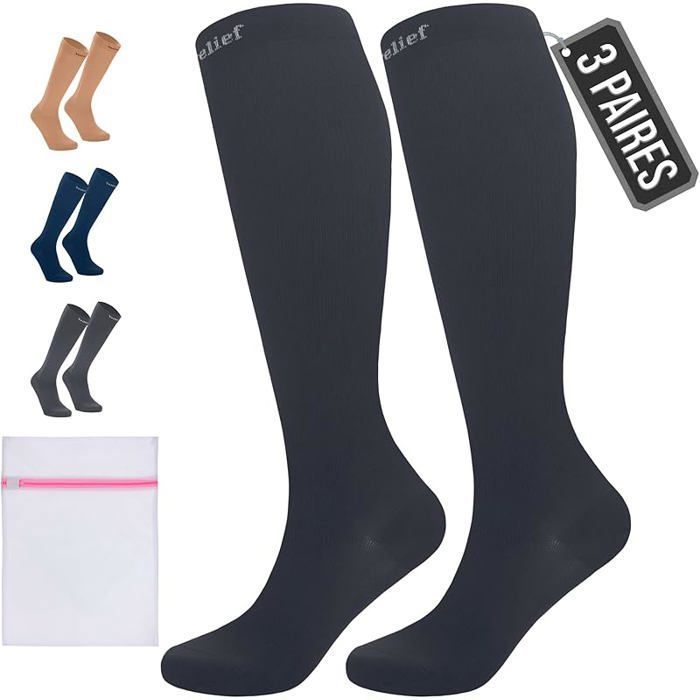 Bas de Contention - 3 Paires Couleur Unie Chaussettes de Compression Femme et Homme - Idéales pour Vols 3Paire-Noir XXL
