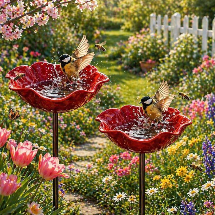 Piquet de jardin décoratif en métal en forme de fleur (lot de 2) : bain doiseaux et abreuvoir pour abeilles avec coupelle deau...