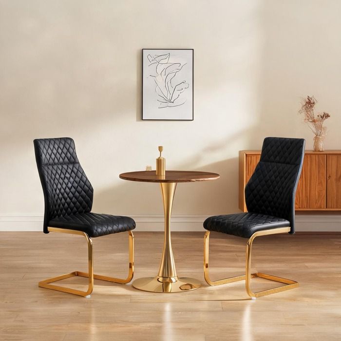 Ensemble table ronde et 2 chaises pour cuisine ou séjour – noir et doré – MDF noyer – diamètre 60 cm