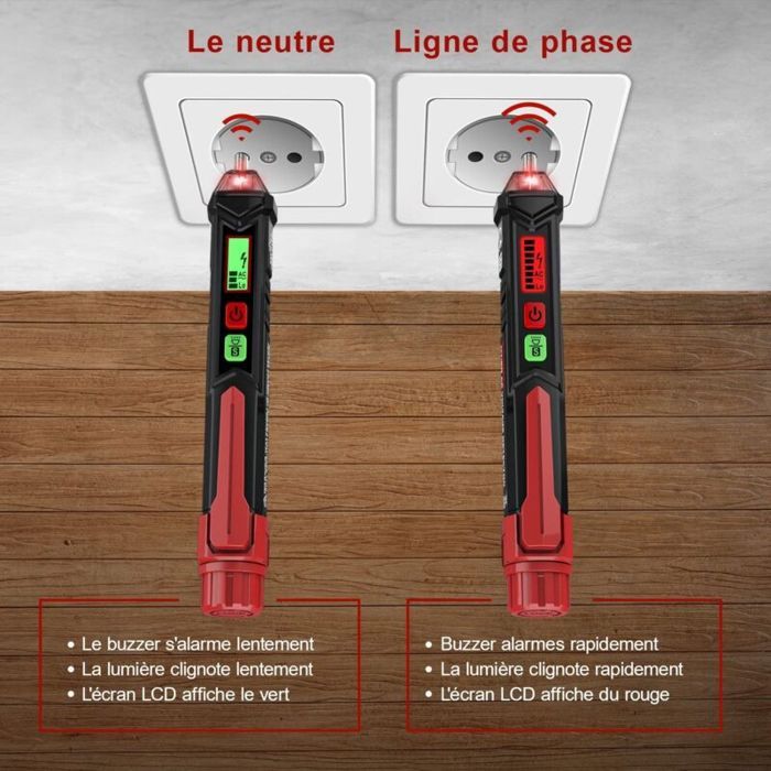 Détecteur de Tension sans Contact Testeur de Tension avec Double Sensibilité 12V/48V-1000V Écran LCD Test de Fil de Phase/Neutr