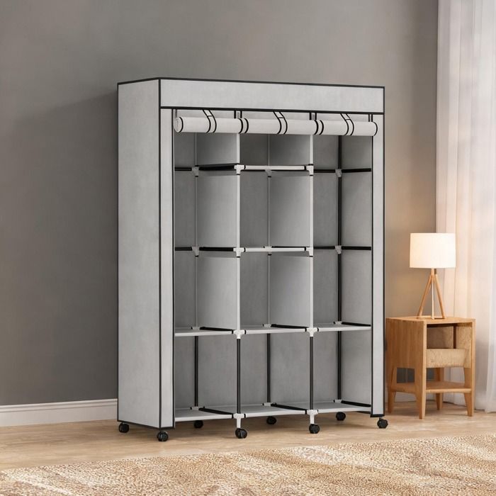 Penderie en tissu gris neutre avec 8 étagères et 2 tringles 125 x 43 x 162 5 cm