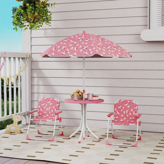 Ensemble table et chaises enfant de jardin 4 pièces rose chaises pliantes parasol amovible motif licornes