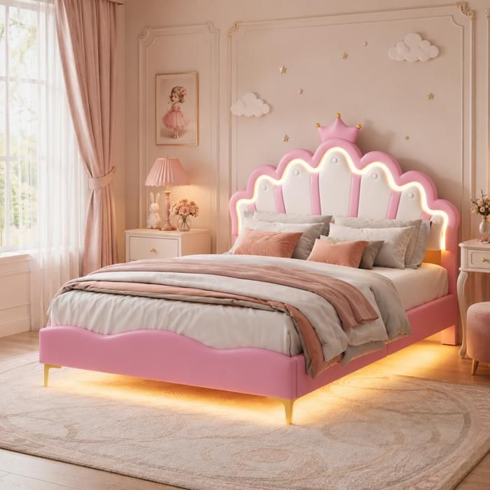 Lit Enfant 140x190 cm avec LED Lit Princesse Moulures de Couronne Tête de lit Réglable Lit Fille avec Sommier PU Rose
