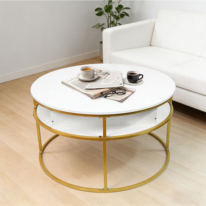OHMG-Table Basse Ronde Réglable En Hauteur-Pour Bureaux Et Salons-Espace De Rangement Intégré+Étagère-Cadre Blanc Et Or