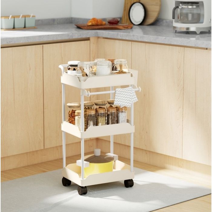 Desserte de Cuisine 3 Niveaux avec 3 Paniers et Roulettes - BEAUNIV - Porte-Serviette Métal et Plastique Blanc 42 × 42 5 × 76 cm