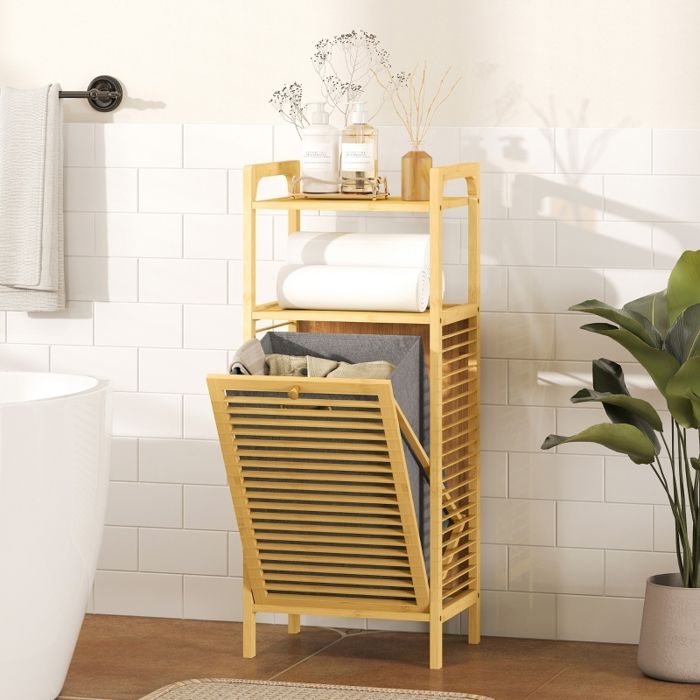 Meuble de salle de bains étroit en bambou avec 2 étagères ouvertes panier amovible structure à lattes 40 x 30 x 95 cm naturelle