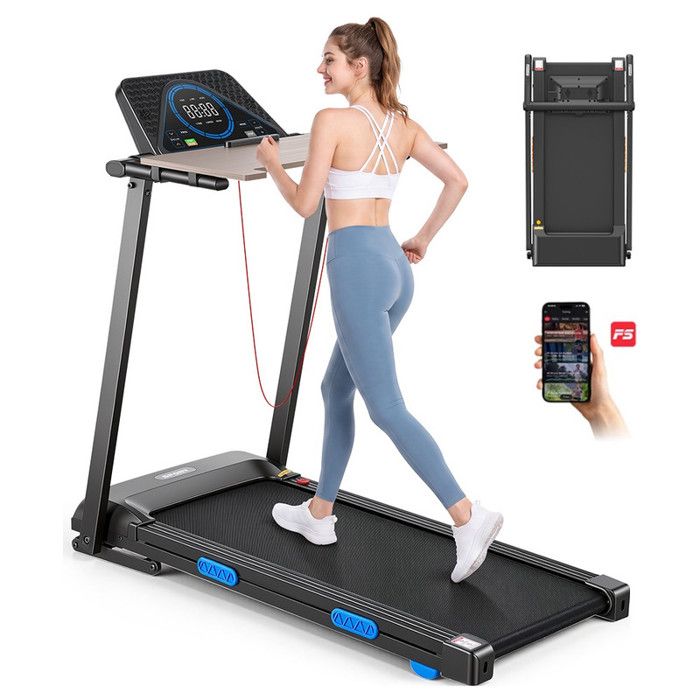 Tapis de course Pliable 2 en 1-3.0HP-12 Modes-12 km/h-Inclinaison Auto 15%- APP/Afficheur Vitesse-Avec table/Support pour tablette