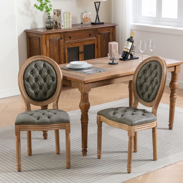 Chaise de salle à manger - Style campagne française - Dossier ovale capitonné - Similicuir vert olive - Lot de 2