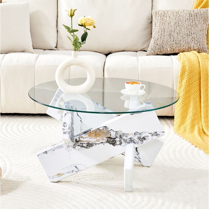 WUVRIE Table basse ronde 79 cm en verre trempé et MDF décor marbre blanc pieds croisés
