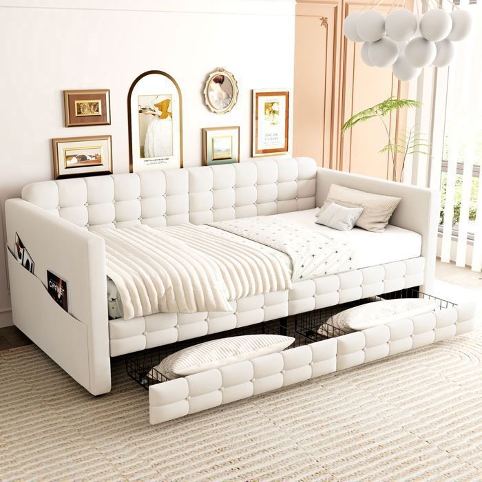 Lit banquette - WESTYLE - 90x190 - Velours beige - 2 tiroirs de rangement - Tête de lit capitonnée