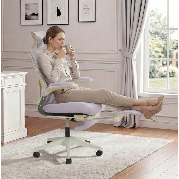 Chaise de bureau pour petit espace pliable avec soutien de taille coussin mousse et accoudoirs rabattables violet