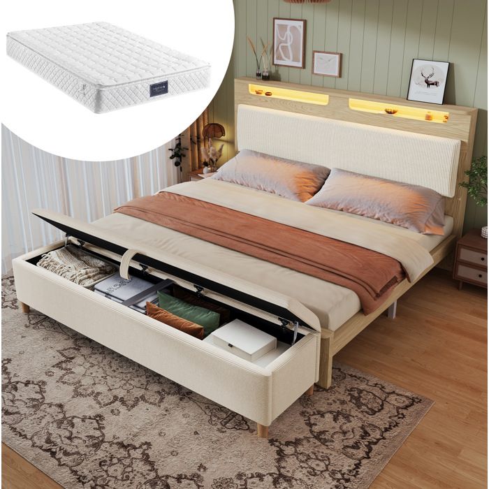 Lit double beige 140 x 200 cm tête de lit rangement LED banquette coffre matelas inclus chêne clair