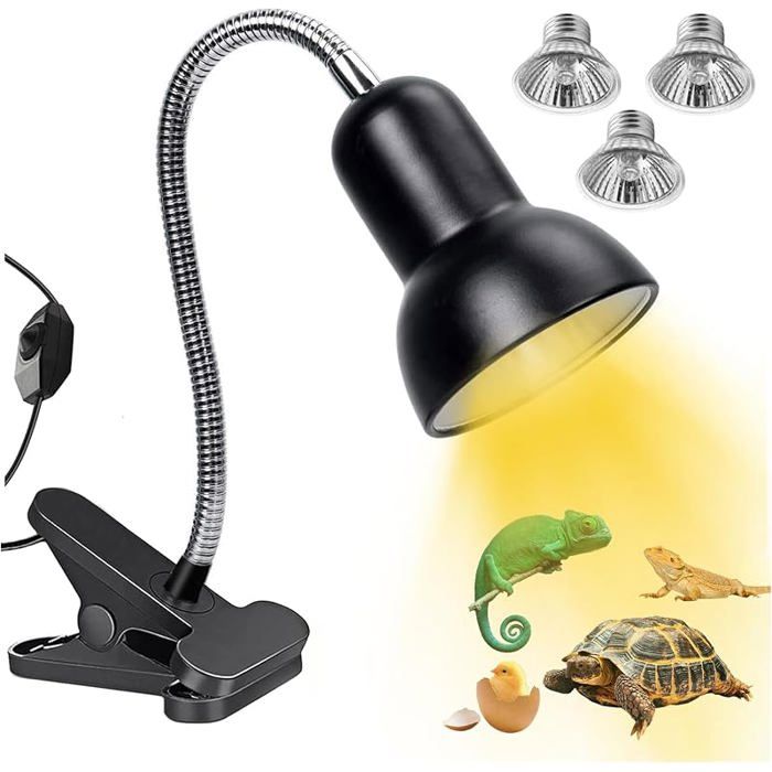 Lampe Chauffante Tortue avec 3 Ampoules UVA UVB 25W 50W Chauffante Reptiles Lampe Terrarium avec Pince Pivotante à 360 ° adapté