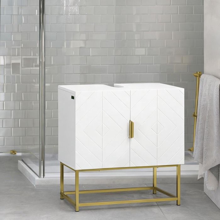 Rangement sous lavabo blanc MDF double porte piétement doré 60x30x65 cm