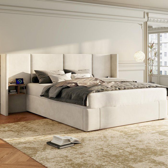 Lit coffre 160x200 cm velours beige avec rangement hydraulique ports USB Type-C et A prise secteur et sommier à lattes bois