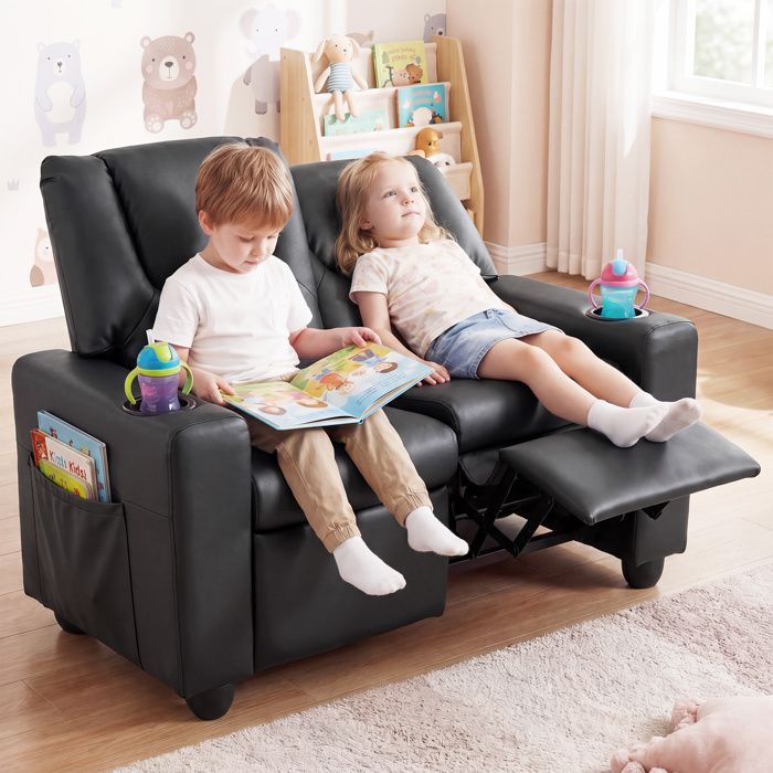 Fauteuil Relax Électrique Enfant COSTWAY 2 Places Inclinable 100°-139° avec Repose-Pieds Porte-Gobelets et Poches Canapé Noir
