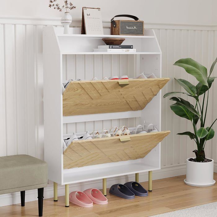 Meuble à chaussures étroit - JoyGarden - avec 2 tiroirs basculants rangement gain de place 16 paires double niveau réglable