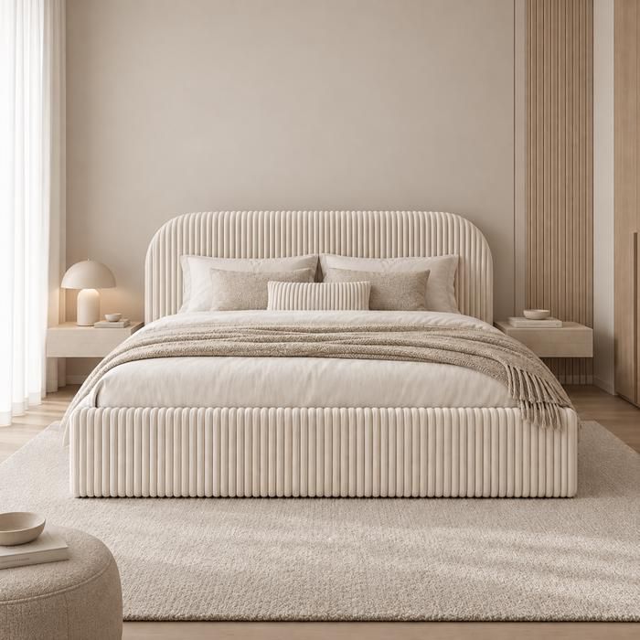 Sofello MOON Lit rembourré 120x200 cm Crème avec tête de lit arrondie tissu côtelé TILIA