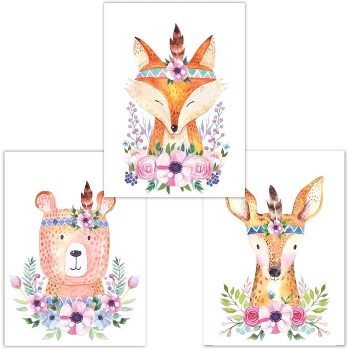 Jeu De 3 Poster Pour Chambre De Bebe D Enfant Dina4 Animaux De La Foret Affiche Decoration Chambre Fille Garcon Sans Cadre 4 Cdiscount Maison