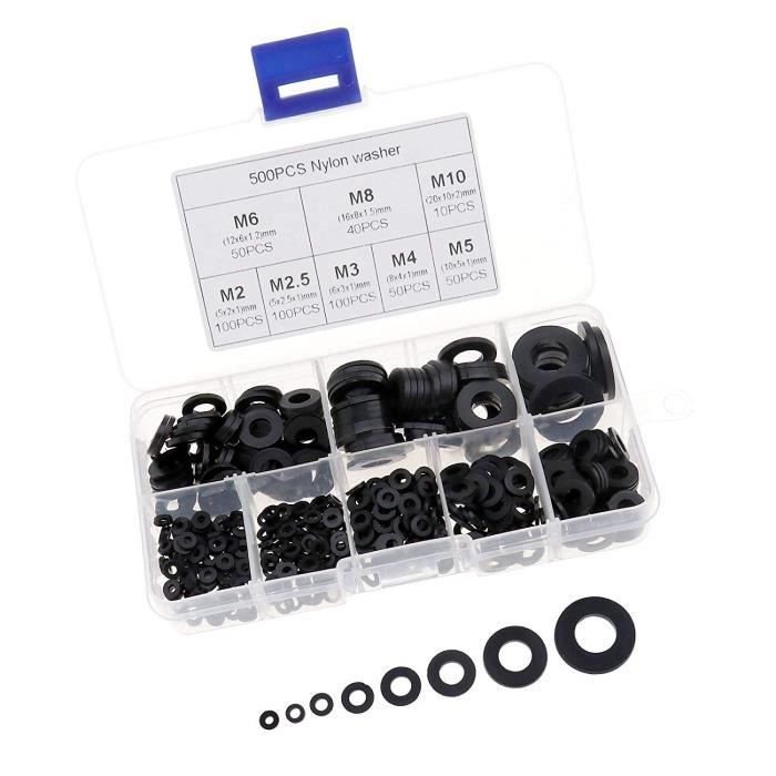 Lot de 500 rondelles plates M2 M2,5 M3 M4 M5 M6 M8 M10 Joint en nylon noir