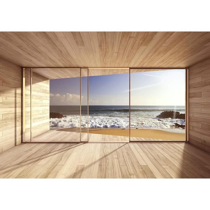 Tableau Toile Décorative 'Fenêtre Sur La Mer' - Impression Art Mural Océan Plage - Encadré Prêt à Accrocher