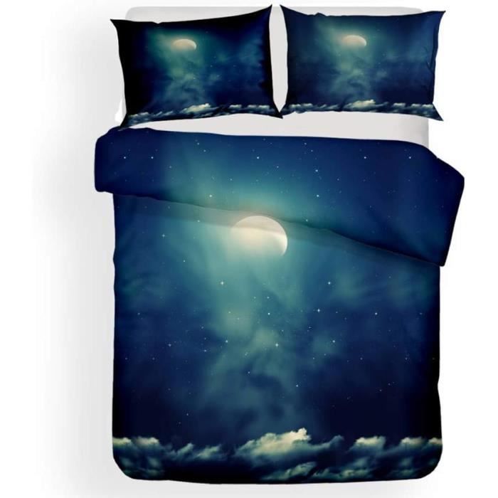 Parure de lit 3 pièces avec housse de couette motif lune et