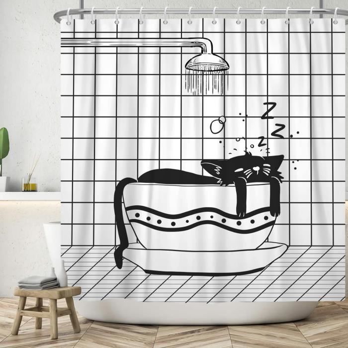 Rideau Douche Chat Mignon 180x180 Cm - Polyester Imperméable | Déco Salle De Bain Animée, Enfants