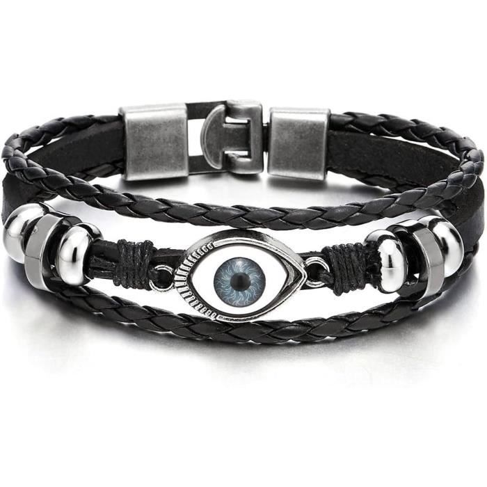 COOLSTEELANDBEYOND Bracelet Cuir Tressé Croix Latérale – 3 Rangées, Look Rock Homme & Femme, Cuir Véritable Plusieurs Couleurs, Style Urbain