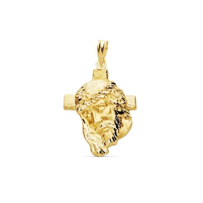 Pendentif 18k face de la tête dor du Christ 28mm. Finition croix brillant teinté détails sculptés