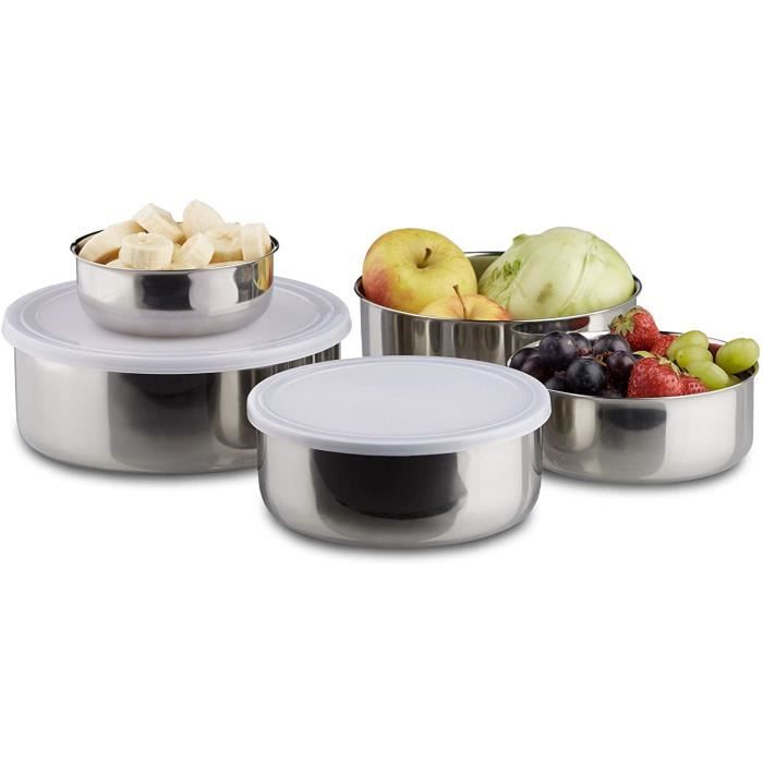 Set De 5 Bols Inox Avec Couvercles Silicone – Saladier Empilable 0.25L à 1.4L, Robuste Et Hermétique Pour Cuisine Du Quotidien