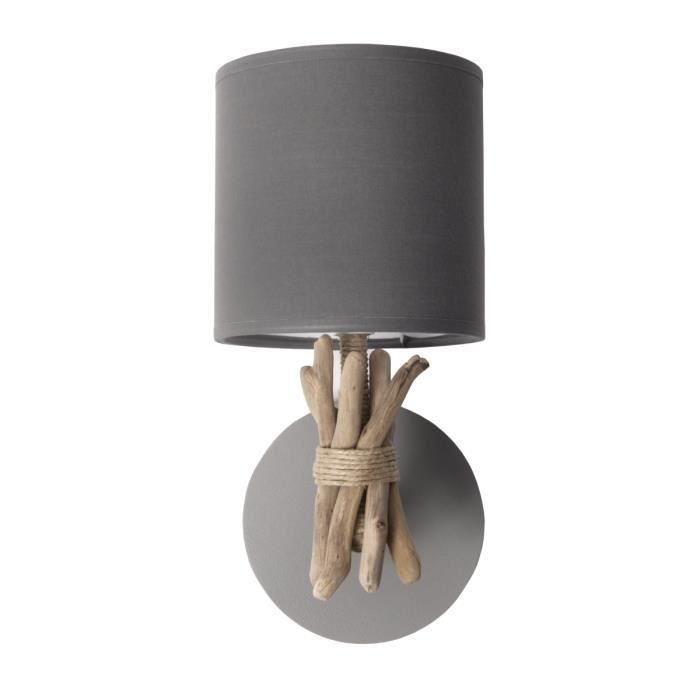 Lampe Décorative En Bois Flotté Naturel – Style Chalet – Abat-jour Blanc