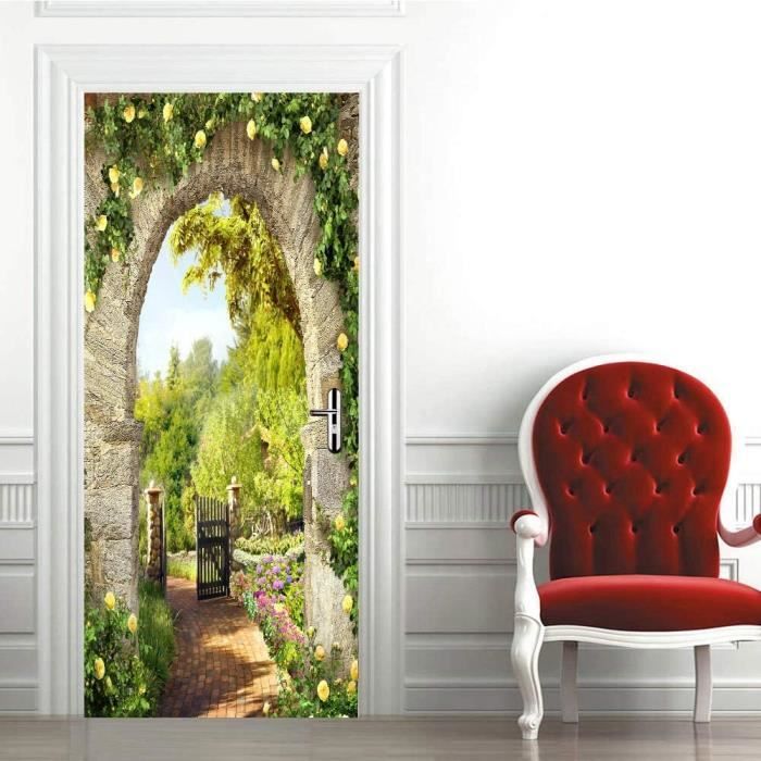 Sticker Mural Porte 3D Style Église Vitrail 83x204cm Plante Feuilles