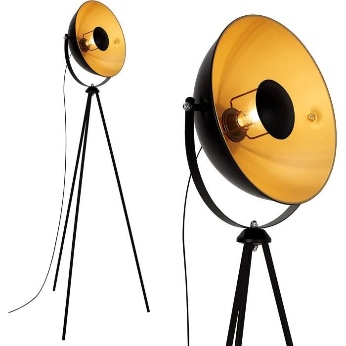 briloner leuchten 1380-015 lampadaire trepied vintage - style projecteur de cinema - abat-jour metal noir mat & or - douille